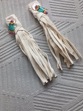 Hand Crafted Cream Suede Fringe Hair Wraps Hand Beaded Abalone Shell Accents